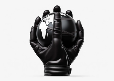 3d rendering. Black leather hand holding a large globe. Astronaut icon. African cartoon character spaceship illustration. Space travel clipart isolated on transparent background