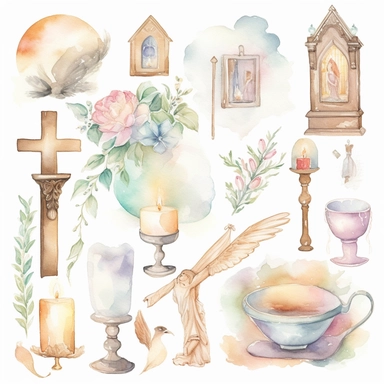 Watercolor clip art with Catholic religious undertones. Inspirational. Soft colors. Image only. No text. White background.