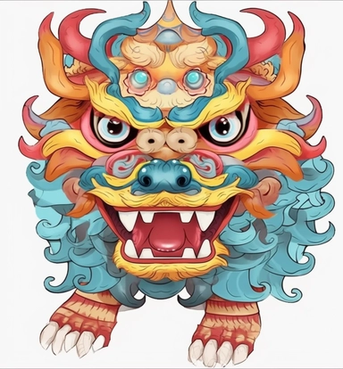 chinese dragon cartoon, chinese lion art png clipart, in the style of polychrome sculpture, ritualistic masks, light brown and sky-blue, multi-layered collage-like, fujifilm eterna 250d type 8563, light maroon and yellow, traditional african art