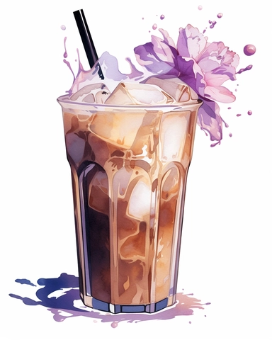 beautiful watercolor and black ink illustration of iced coffee in a glass surrounded by pink and purple flowers, watercolor and ink sketch, bright summer colors, epic composition, hand drawn, procreate style illustration, white background, detailed clipart, vector, 2d, 8k
