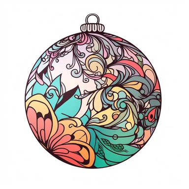colourful christmas ball Ornament illustration, cartoon clipart style, thin black outline, Vector style illustration, Decal Cut, Clear and Clean image, white Background, 8k, full hd