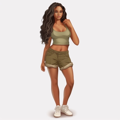 beautiful black teenage girl with beautiful long hair to her waist, dressed casually. Full perspective and, long shot A young black woman with full lips and a big beautiful smile, dressed in khaki shorts and a tank top, has long hair and beautiful shapely legs, wearing heels, clipart in the style of digital airbrushing, feminine sticker art, dollcore, realistic face, realistic body, glamorous,