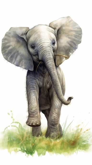 worlds cutest, adorable, realistic, life like image of a baby elephant with his trunk raised in the air and standing in a green grassy field and pond, watercolor clip art, white background ,artist rendition, sharp focus, extreme detail,