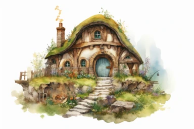 hillside hobbit home, watercolor clipart
