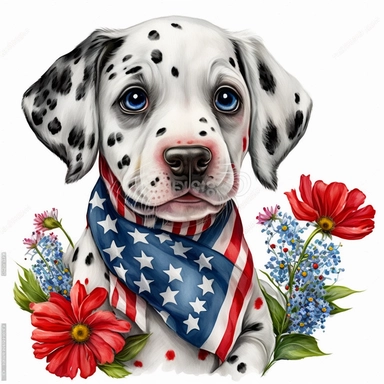 clipart, an adorable happy Dalmatian puppy with american flag bandana and red white blue flowers, big eyes, watercolor, cartoon BENTE SCHLICK style illustration, hand drawn, white background, headshot, Ultra High Realistic. ultra high resolution, 32K