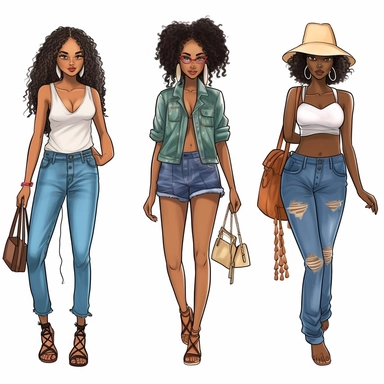 Denim girl clipart, Denim clipart, Fashion girl clipart, wearing denim shorts, brown leather sandals, Jeans Girl Clipart, African American clipart, Afro girls clipart, Clipart, ultra realistic, hand drawn,wearing the white crop tops, all with beautiful bright smiles, Full body. Clothing line, retail fashion, 2023, fashionnova, African american, mid sized models. Highly detailed. very attractive, glamorous, make up beautiful, gorgeous, glowing make - up. full body and heels. multiple outfits. ind