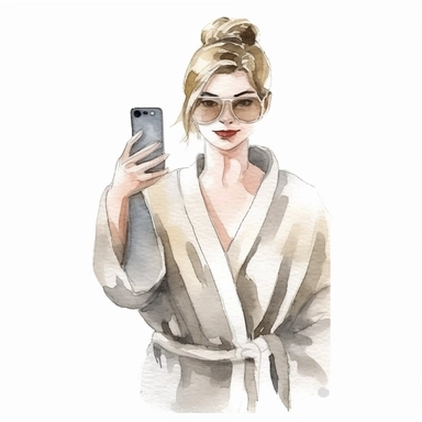 a feminine minimal watercolor sticker of a woman taking a selfie in a bathrobe. Watercolor. Clipart. Neutral color palette. White background. Artistic illustration. Minimal. Texture Paper. Hand-drawn.