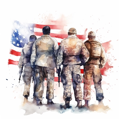 Watercolor painting clipart of Illustrating multiple soldier standing in solidarity, with their arms around each other, in front of a large American flag. This theme represents the unity and support within the military community. White background