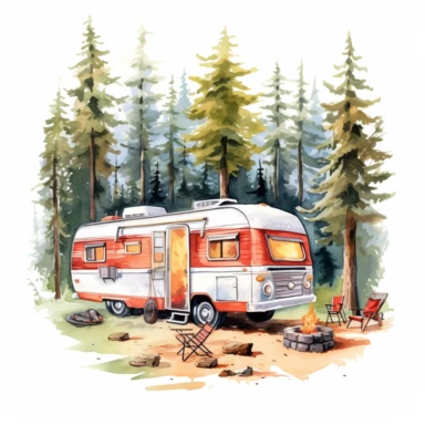 A road trip scene with a lovingly restored retro camper van parked in a scenic campground, surrounded by towering pine trees and a crackling campfire where friends gather to roast marshmallows, clipart, watercolor, white background, american style, extremely - detailed, high quality