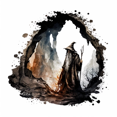 watercolor realistic detailed wizard in the dark scary cave clipart, white background, no text