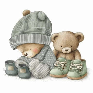 an ultra Cute little newborn baby teddy bear wearing pyjamas, dusky sage green shabby chic traditional classic striped pyjamas a bedtime hat and slipper shoes, watercolour, cute,, bedtime, sleepy, dreamy, isolated on white background, Clipart