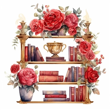 watercolor, white background, clipart, watercolor, white background, ultra-realistic and hyper-detailed clipart beautiful bookshelves with red roses, red and rich gold hues