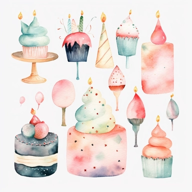 clipart, clip art, doodles, drawings, birthday, birthday cake, birthday hat, birthday decorations, hand painted, watercolor, soft colors, nursery, white background, simple style, high definition, 8k
