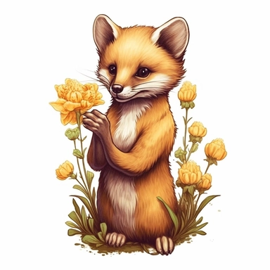 Cute Beautiful marten holding a flower Sublimation Clipart, Cartoon, hyper realistic, intricate detail, illustration style, high solution, on the white background