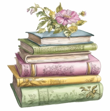 stacked books digital art, watercolor hand drawn clip art, coloured pencil, clip art, clipart, watercolor, clipart,, in the style of intricate, delicate flower and garden paintings, classical motifs and themes, light magenta and light green, embossed gold leaf, ferrania p30, adventure themed, english major