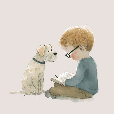 a dog sitting next to a toddler boy reading a book, watercolor and ink drawing, clipart, happy, gentle smile, beautiful watercolor ink wash coloring, thick pencil lines, Jon klassen, Adrian tomine, popular on etsy, watercolor illustrations clipart, watercolor illlustrations for kids and children, book illustrations, plain white background