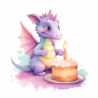 Cute happy Watercolor cake Baby Dragon Clipart, on a white background