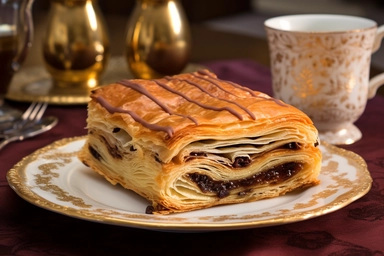 a masterfully crafted white pain au chocolat, oozing with rich, dark chocolate. Its flaky layers reveal a perfect balance of buttery goodness and decadent sweetness. The morning sun bathes the pastry in a warm glow, while a lace-trimmed napkin adds a touch of elegance to the scene. Every detail, from the delicate chocolate swirls to the golden crust, is captured in stunning clarity, Photo clipart, super detail, vignetting, shot with Nikon D3000,