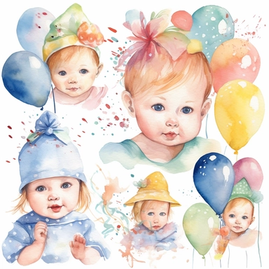 Create a watercolor clipart collection that celebrates the milestones and special moments of babyhood, such as first steps, first words, and first birthdays. Use vibrant, joyful and gentle colors and dynamic compositions to capture the energy and excitement of these precious memories, white background