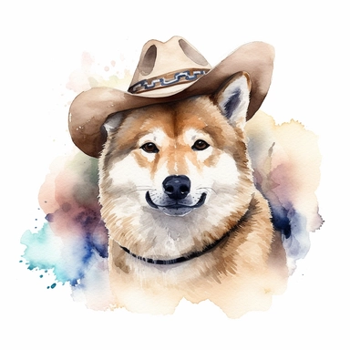 Akita Inu dog wearing cowboy hat, watercolor, sharp illustration clipart, insane detail, white background