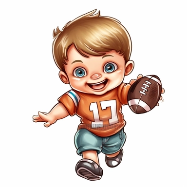 cartoon full body football player as a cute smiling baby, heavy lines, clip art, soft colours