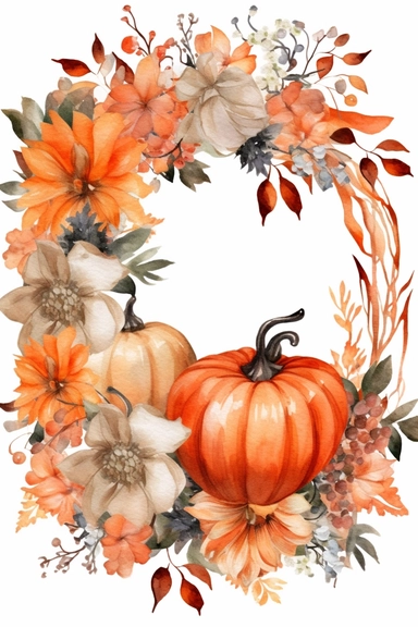 Halloween clipart, orange pumpkin flower Delicate watercolor illustration, White background, Cozy, clear picture, 8k, hd, isolatee on a white background, Wreath, Frame Clip Art