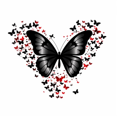 A black butterfly surrounded by red butterflies.