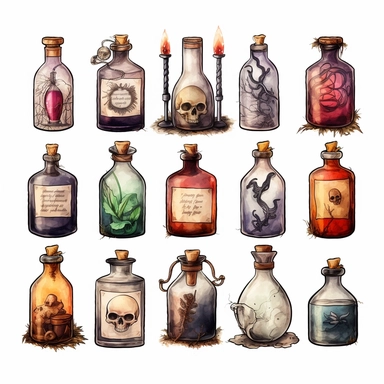 Witches inventory, witchcraft, labels, flasks, elixir, illustrated clipart, minimalist, isolated white background, 8k