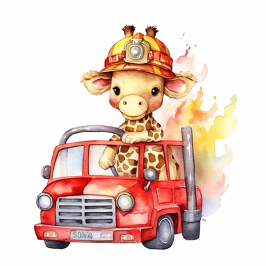 Cute cute baby giraffe wearing a fireman hat driving a fire truck, watercolor Clipart