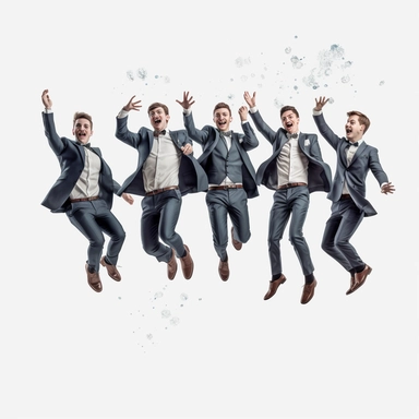 fantasy clipart, happy image of the groom and groomsmen and best man, jumping in air, throwing handkerchief up, transparent background, 8k, ultra-hd