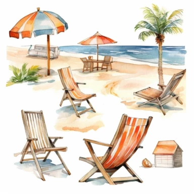 summer beach clipart, white bsckground, watercolor,