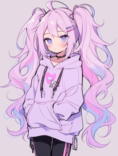 anime girl, long purple ponytails with blue highlights, dark pink eyes, blushing, oversized grey hoodie, hair clips, thigh highs, stockings, pearl necklace, purple hair, dark pink eyes, pink eyes, shorts, pastel, thick lines, cartoon style