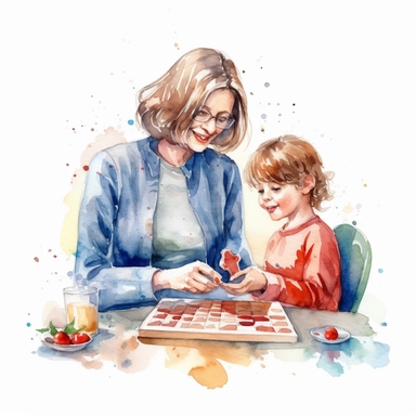 watercolor art of a mother and child playing board games together, with a heart or other decorative element in the background, clipart, white background, 8k