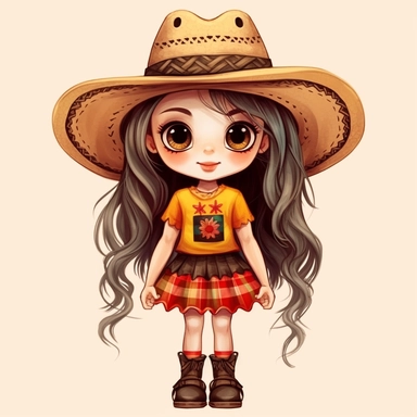 little cute girl , ribbons, smiling, beautiful festa junina dress plaid, hugh eyes, straw hat on her head, boots, embarressed with black outline, sneakers, clipart, chibi, big hugh eyes,