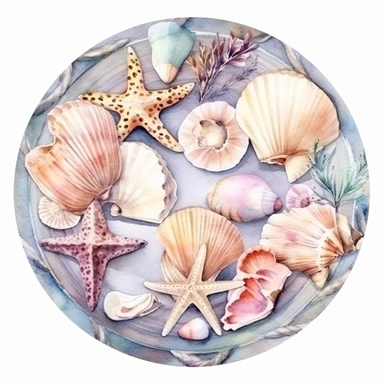 watercolor clipart of beautiful pastel shells and Starfishes within a big round tray wrapped with rustic cord ornament, vintage style