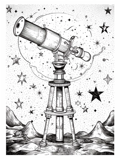 Coloring book, white background, clip art, line work. telescope and stars..