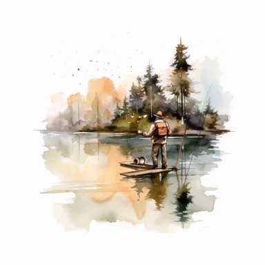 fishing man on lake , lake background, Watercolor hand drawn illustration, 8K quality, ultra detailed clipart, without signature and without meaningless lines, clipart, isolated on white background, PNG solid white background, High Quality clipart, no writing background, no writing, realistic