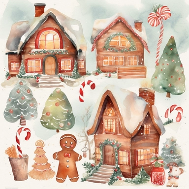 Generate a series of watercolor clipart images inspired by the magic of Christmas. Include elements such as gingerbread houses, reindeer, snowmen, and Christmas trees. The images should have a soft, dreamy quality with clear lines and delicate, watercolor hues. The clipart should be perfect for use in scrapbooking, card-making, and other festive projects.