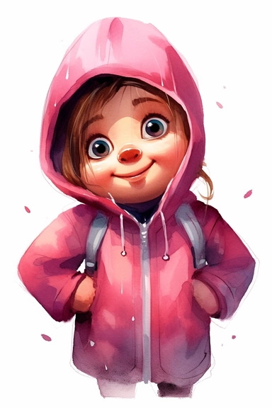 4 year old cartoon Pretty, cute cartoon chubby girl, wearing pink hoodie with mischievous smile. The lips curl slightly upwards, forming a grin and harboring secret with the hand high up to the sky. Pixar childrens book cartoon style, detailed, modern, urban, watercolor, full color, flat color, white background, children book illustration. Watercolor clipart. Pixar animation