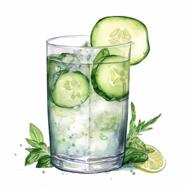 Cucumber Cooler: A cooling drink made with muddled cucumber, gin, lime juice, simple syrup, and soda water.watercolor, clipart