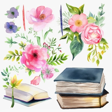 Watercolor Floral Books Clipart, Book Clip Art,