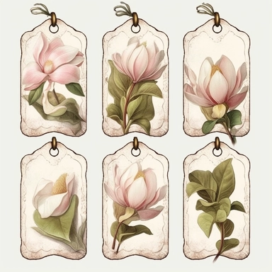 victorian number tags, clipart, isolated, with boquet of magnolia flower and delicate vines