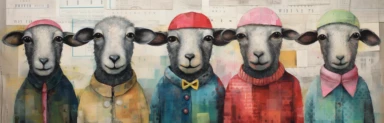 a row of cute miniature lambs, a collage of mixed media art made with tissue paper, magazine and newspaper clippings, oil paint, graphite pencil lines and fabric, in the style of playful surrealism, whimsical, washi tape