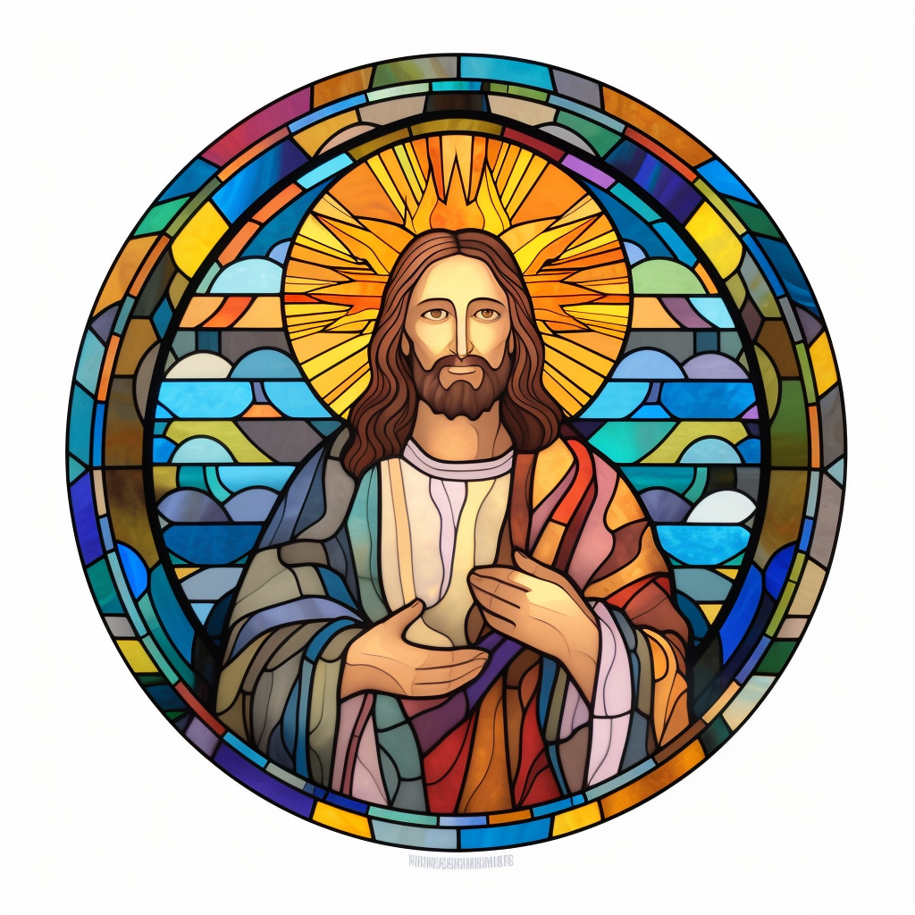 A stained glass window depicted Jesus’ transfiguration on a background ...