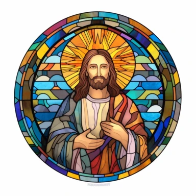 A stained glass window depicted Jesus’ transfiguration on a background of white, in the style of reimagined religious art, prismatic portraits, sketchfab, tondo, uhd image, clipart, circular shape,