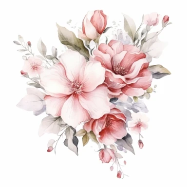 watercolor Blooming Blush floral line for decoration, style of Pierre-joseph redoute, png, clipart, hd, contour white outline, isolated on white background