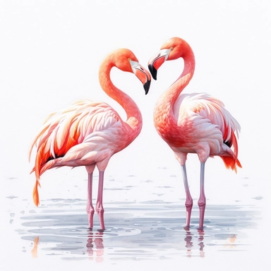 watercolor for a clipart with a white background of flamingos, hyperrealism, painted by Fang Lijun