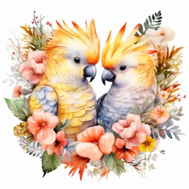 watercolor clipart, two Cockatiel Parrots in love with tropical gardens, sweet hearts around, watercolor sublimation design, Sublimation Clipart, hyper realistic, intricate detail, illustration style, isolated on white background for removing background, Super-Resolution, Megapixel
