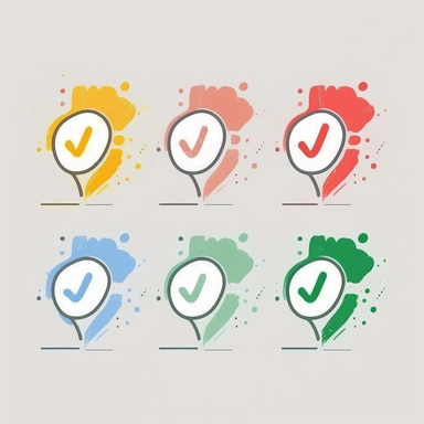 Six cute check mark,tickicons vector clipart in the style of lively brushstrokes,Dialog box is blank in the middle， label and marker style, minimalism, muted colors, white bakcground