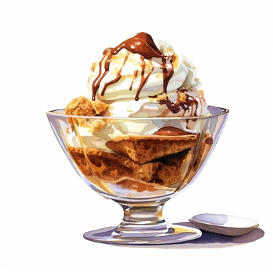 watercolor painting of an dark chocolate-chip ice cream flavor in a glass wide bowl, style of ice cream sundea, full of craker, Top with whipping cream, in the style of multilayered realism, tall glass, traditional oil paiting, clipart, white background